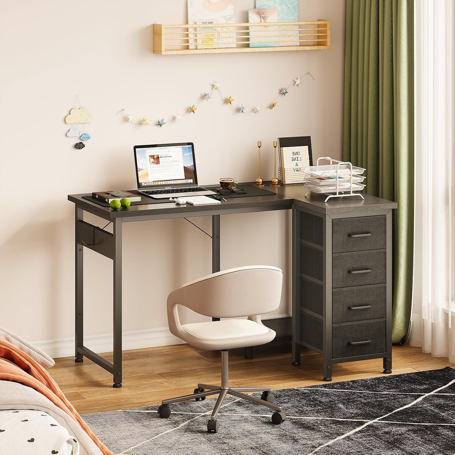 Small Corner Desk with Drawers for Home Office, 100X70 Cm, Black