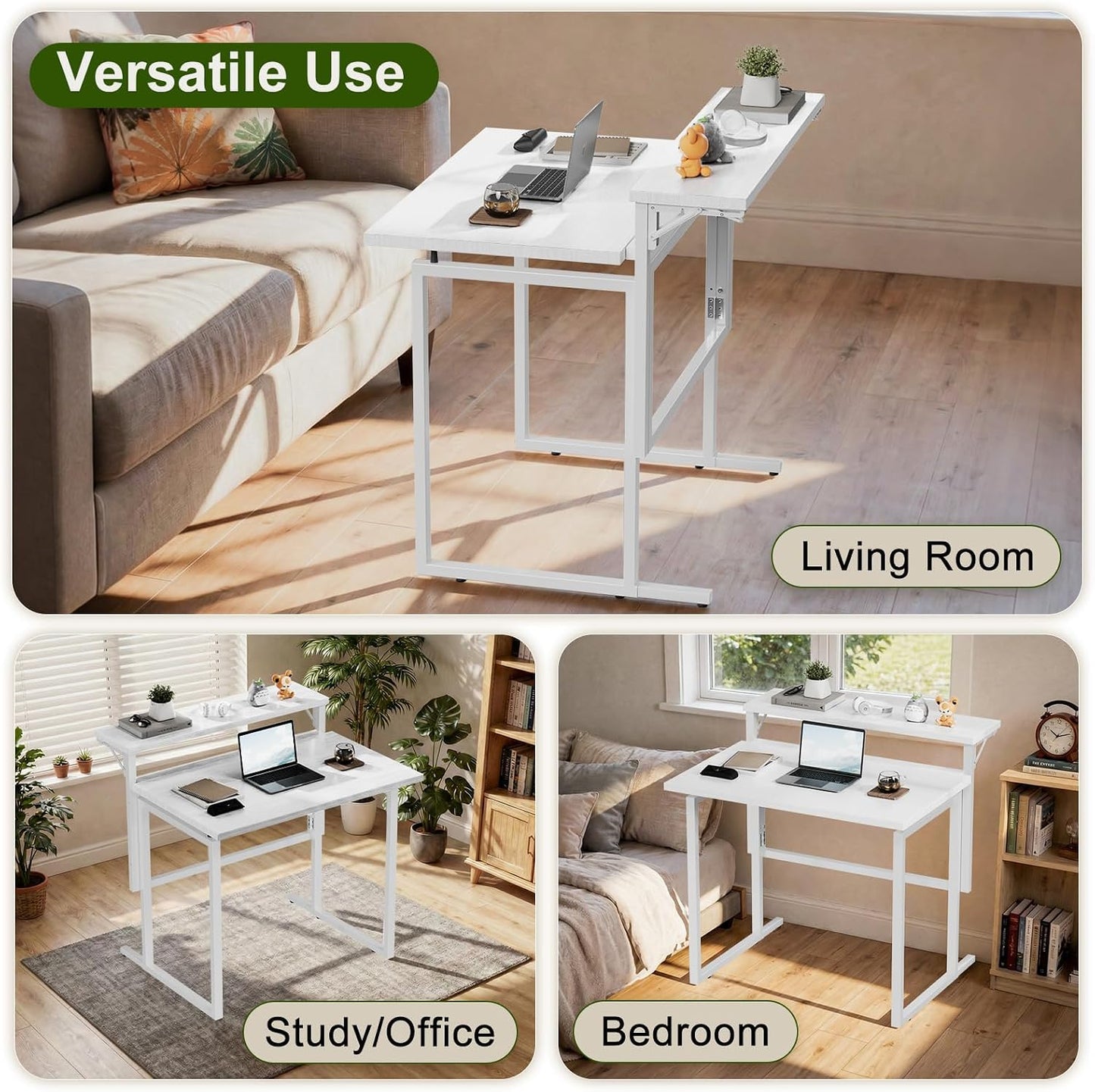 Foldable Desk,Small Desk with Monitor Shelf,2-Tier Folding Table for Home, Office, School, Computer Desk for Small Space,White