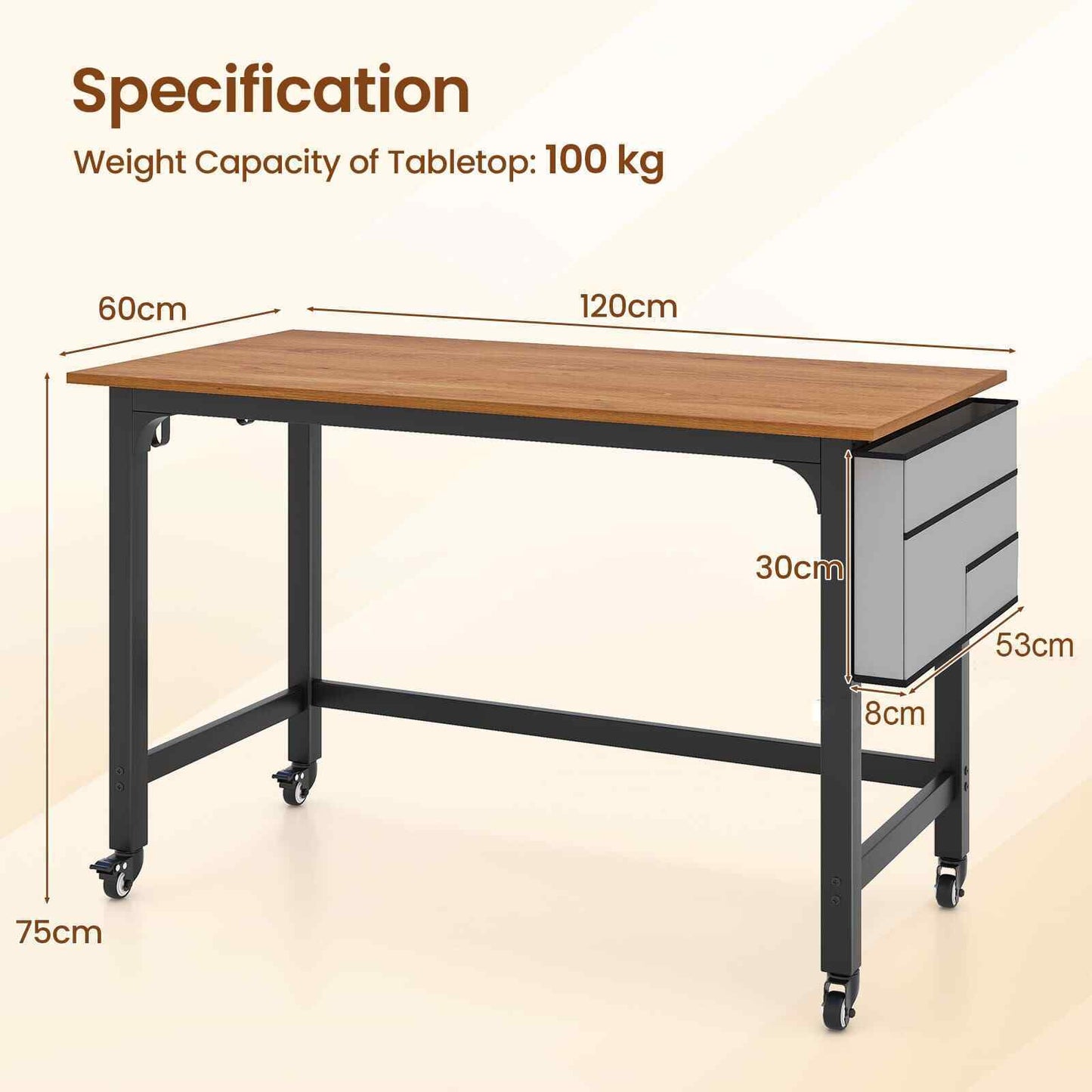 COSTWAY Mobile Computer Desk 120Cm Home Office Desk W/ Storage Bag-Teak