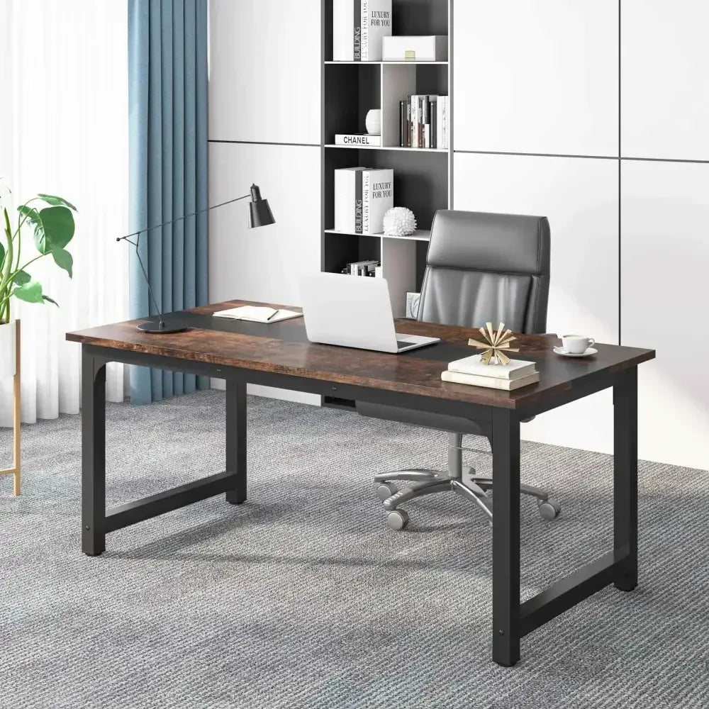 Spacious Computer Desk with Rustic Wood Top and Black Metal Frame - Ergo Heights