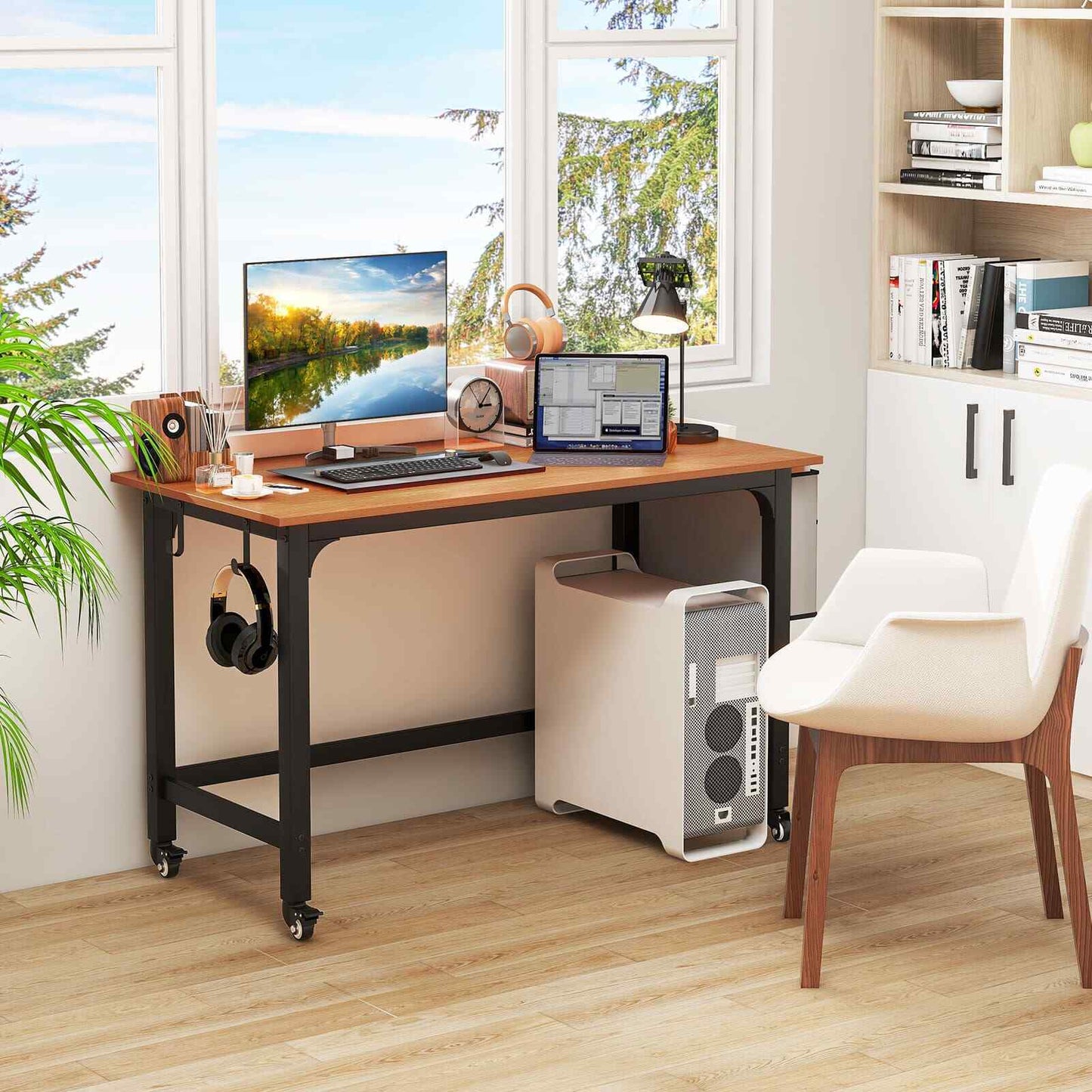 COSTWAY Mobile Computer Desk 120Cm Home Office Desk W/ Storage Bag-Teak