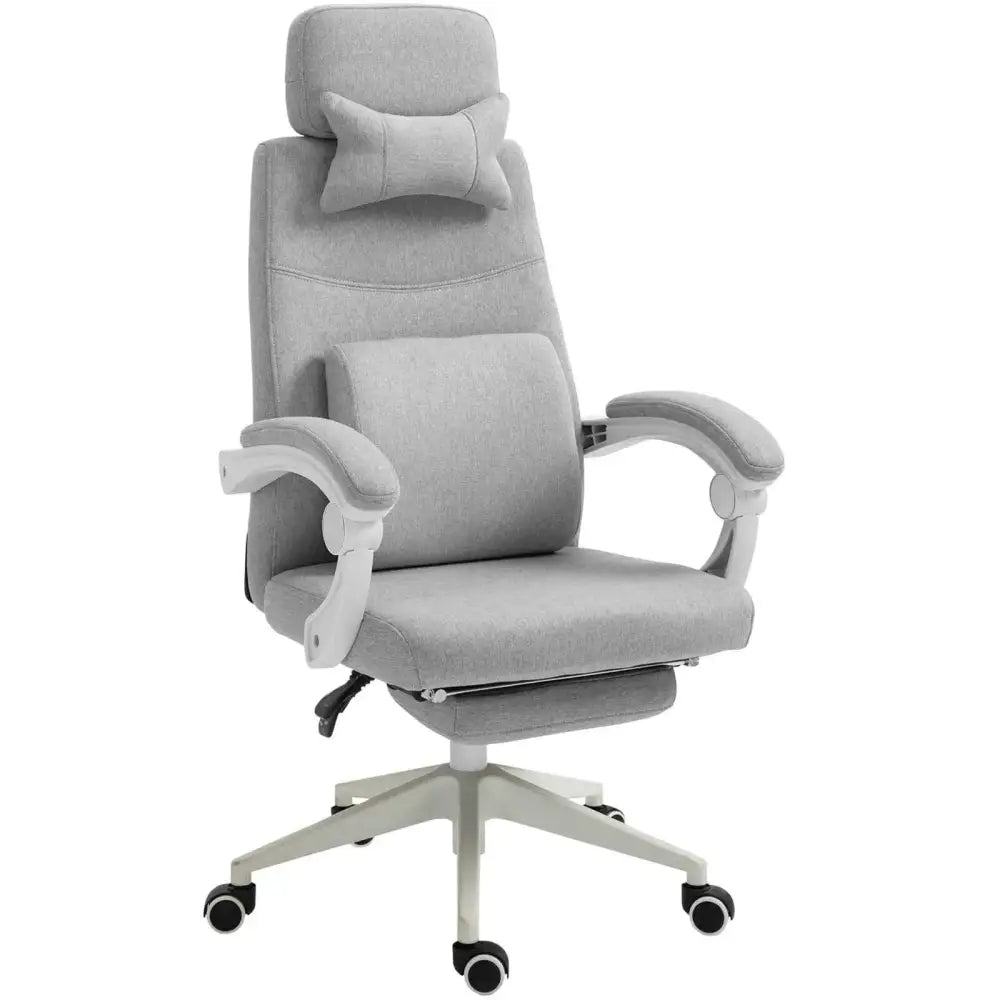 Gray fabric office chair with adjustable headrest and lumbar support, featuring white plastic armrests and base.