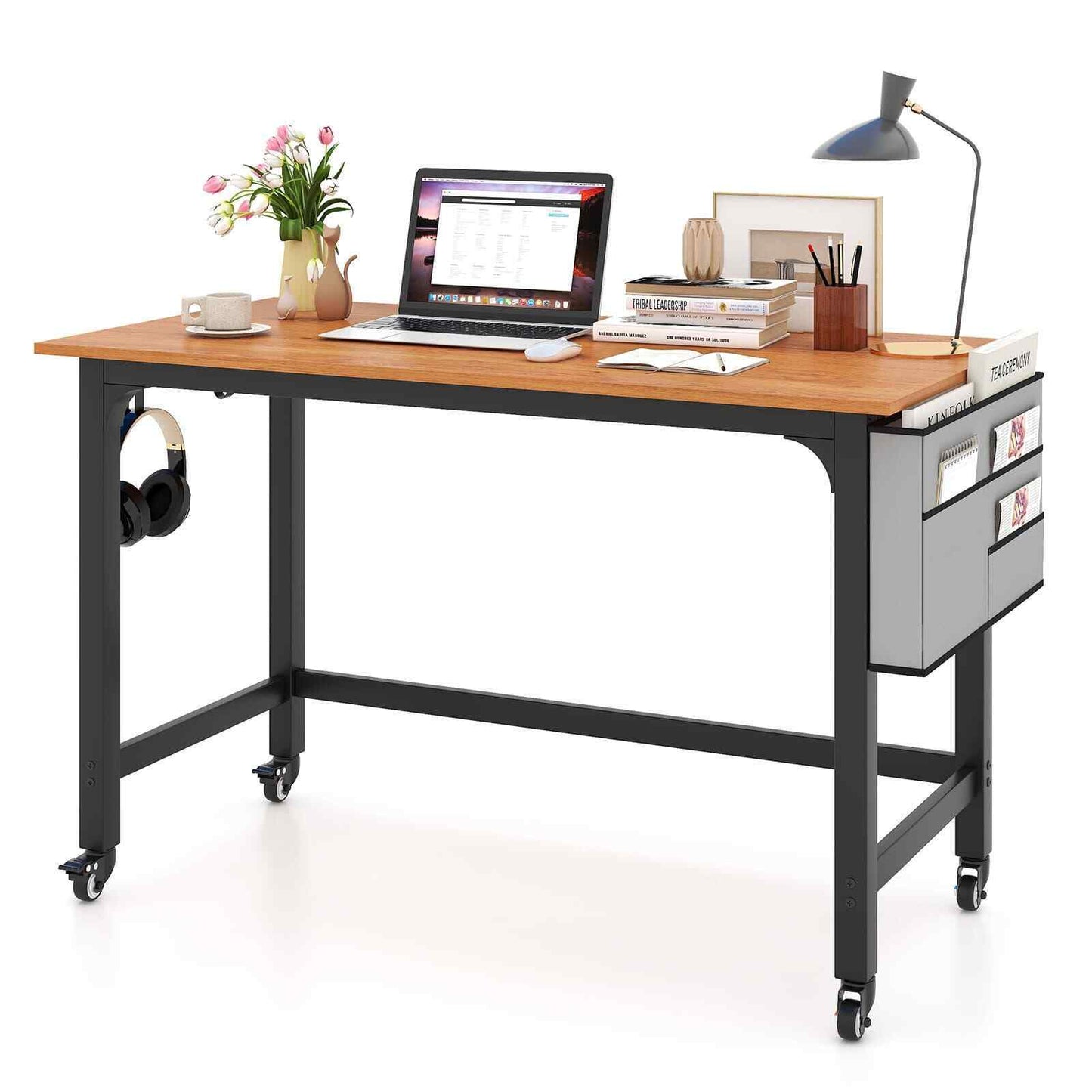 COSTWAY Mobile Computer Desk 120Cm Home Office Desk W/ Storage Bag-Teak