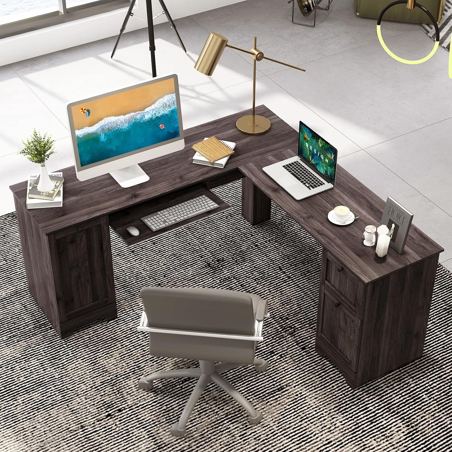 L-Shaped Computer Desk, 170Cm Reversible Corner Desk with Drawers, Cabinet & Keyboard Tray, Modern Office Desk Wooden PC Laptop Table for Home Office Bedroom (Dark Brown)