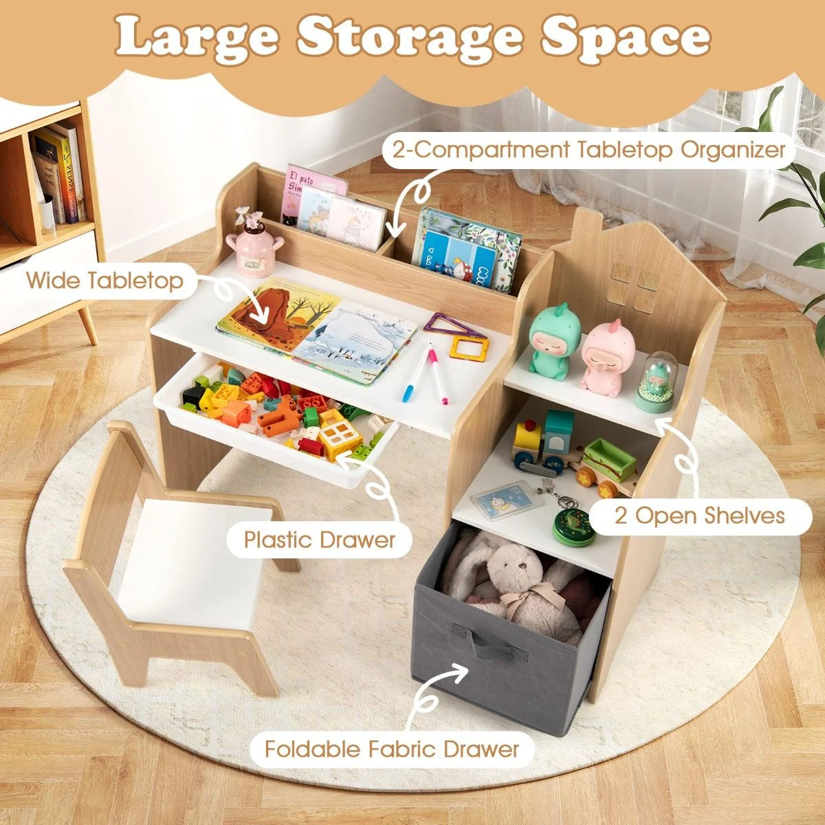 Kids Study Desk and Chair Set Children Study Table with Open Shelves