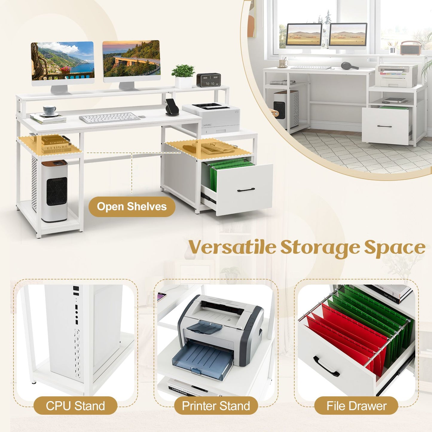 168 CM Home Office Computer Desk Modern Writing Desk with Monitor Stand