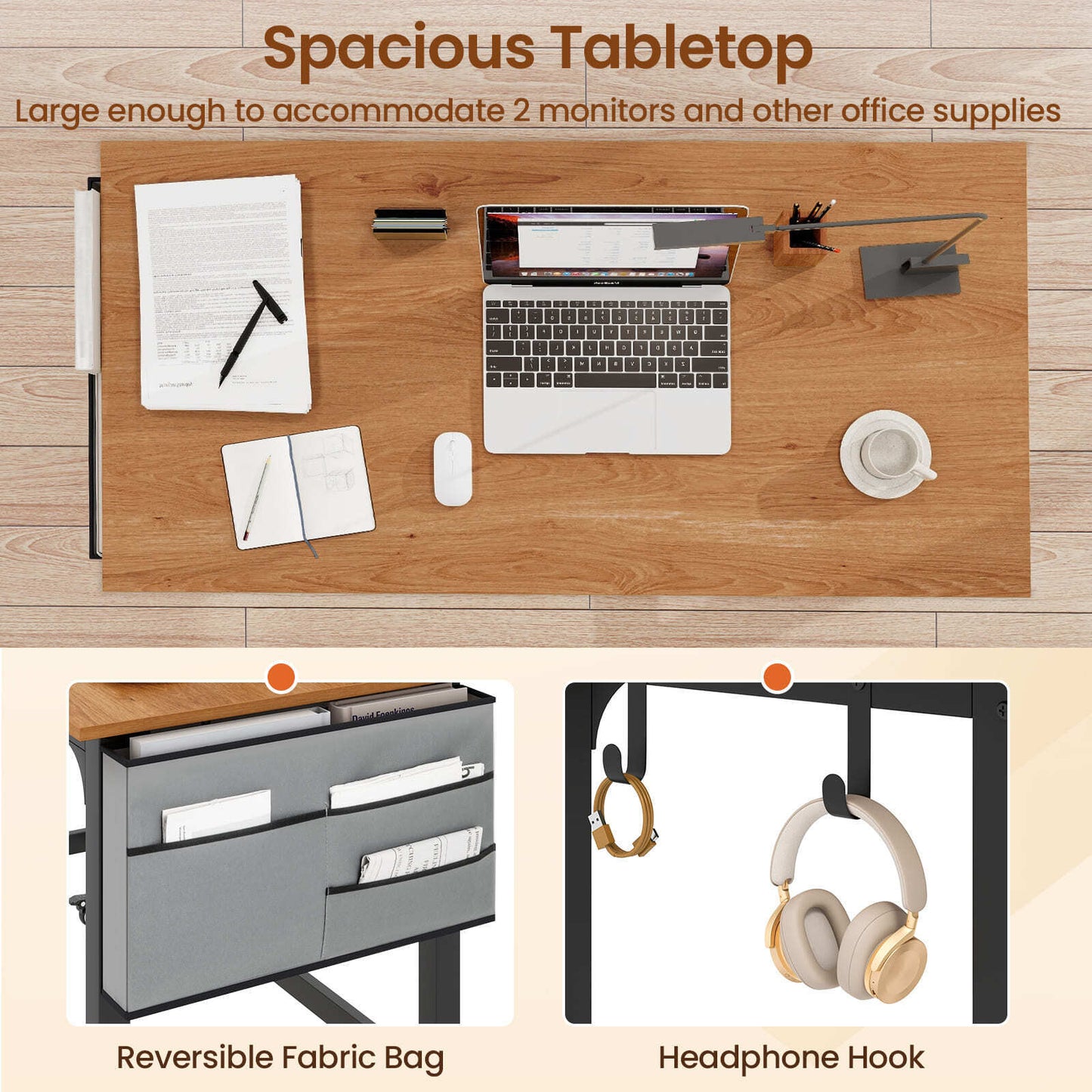 COSTWAY Mobile Computer Desk 120Cm Home Office Desk W/ Storage Bag-Teak
