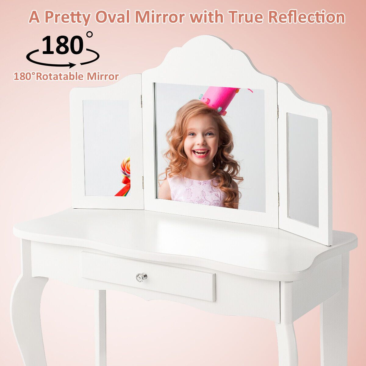 Kids Wooden Vanity Table and Stool Set with Detachable Top Folding Mirrors