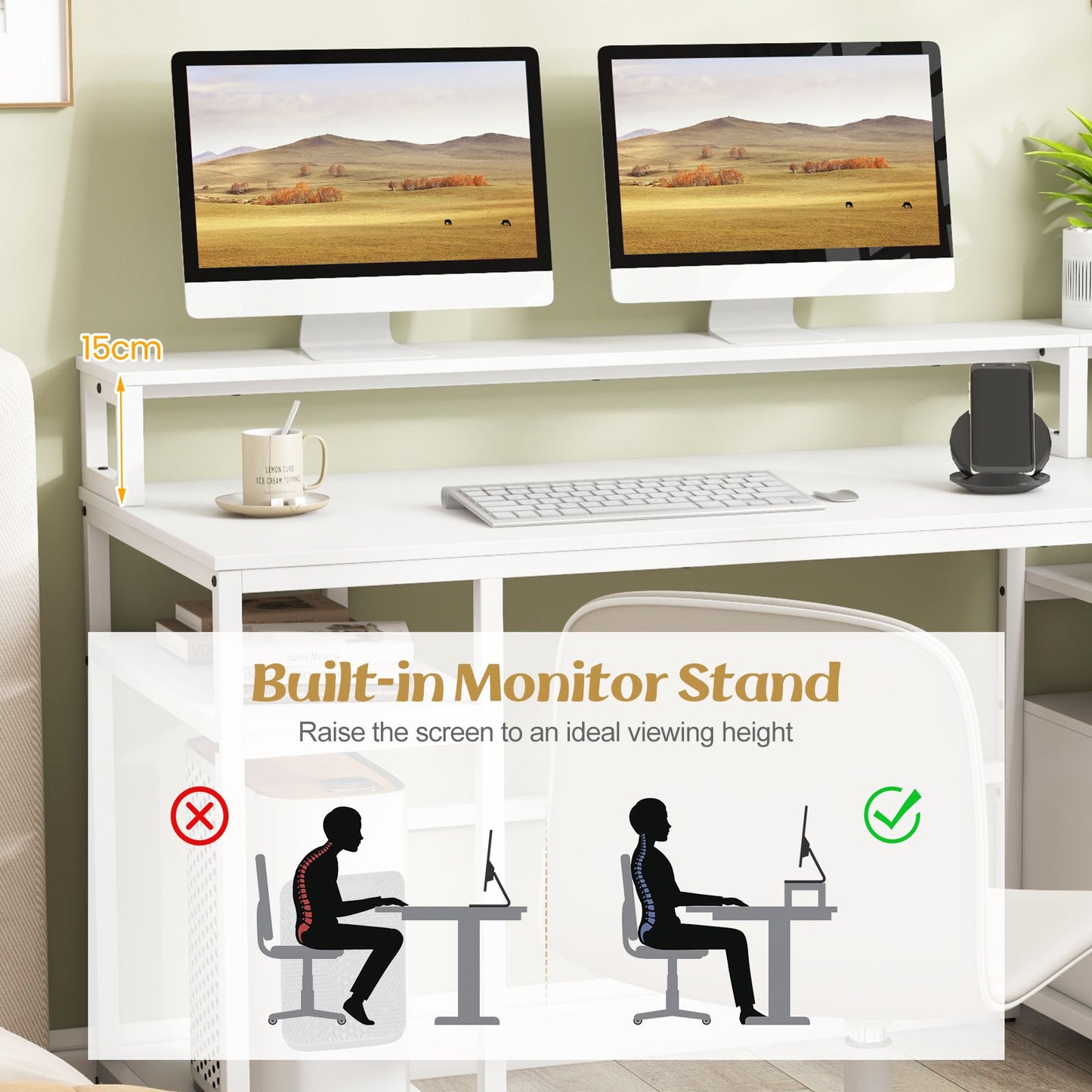 168 CM Home Office Computer Desk Modern Writing Desk with Monitor Stand