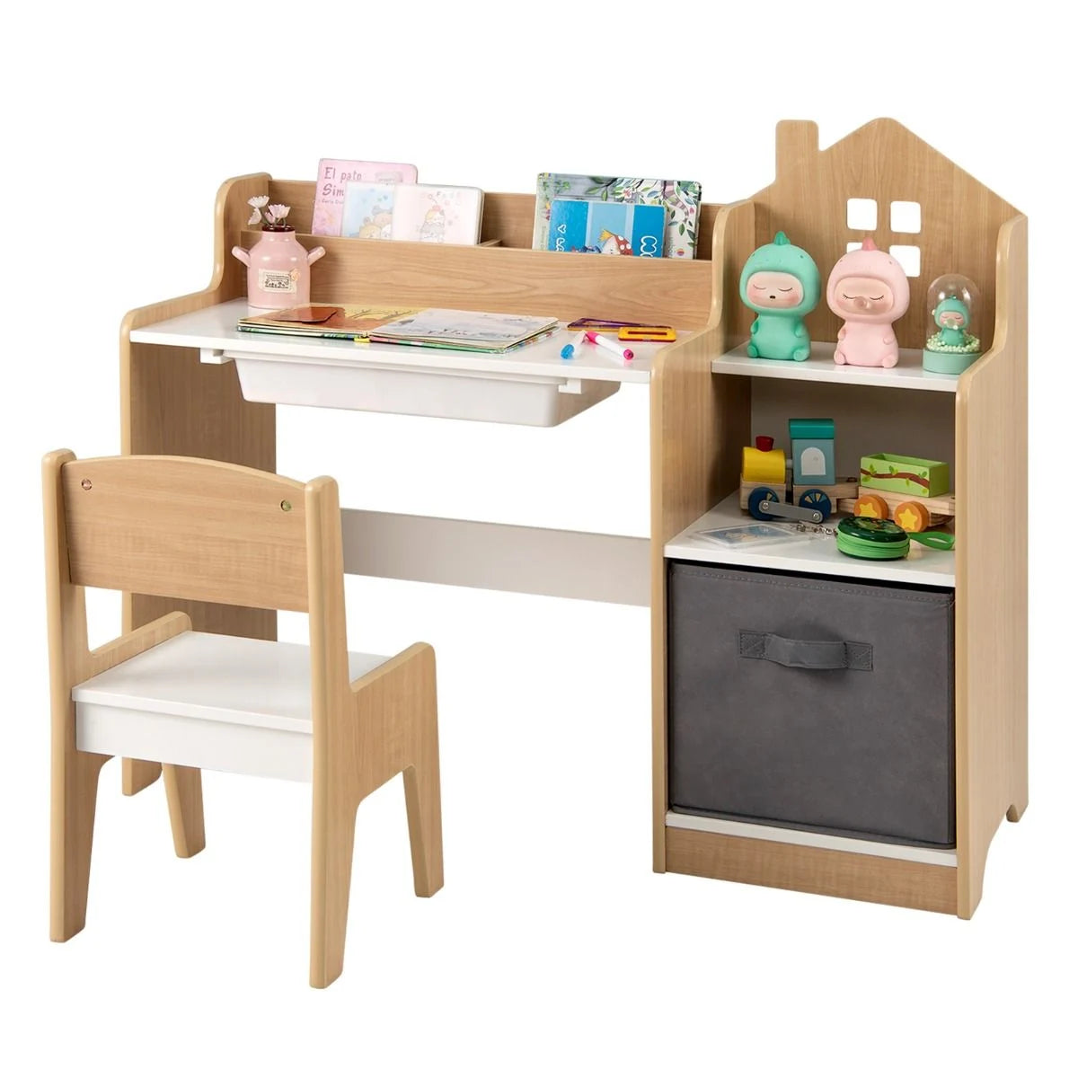 Kids Study Desk and Chair Set Children Study Table with Open Shelves