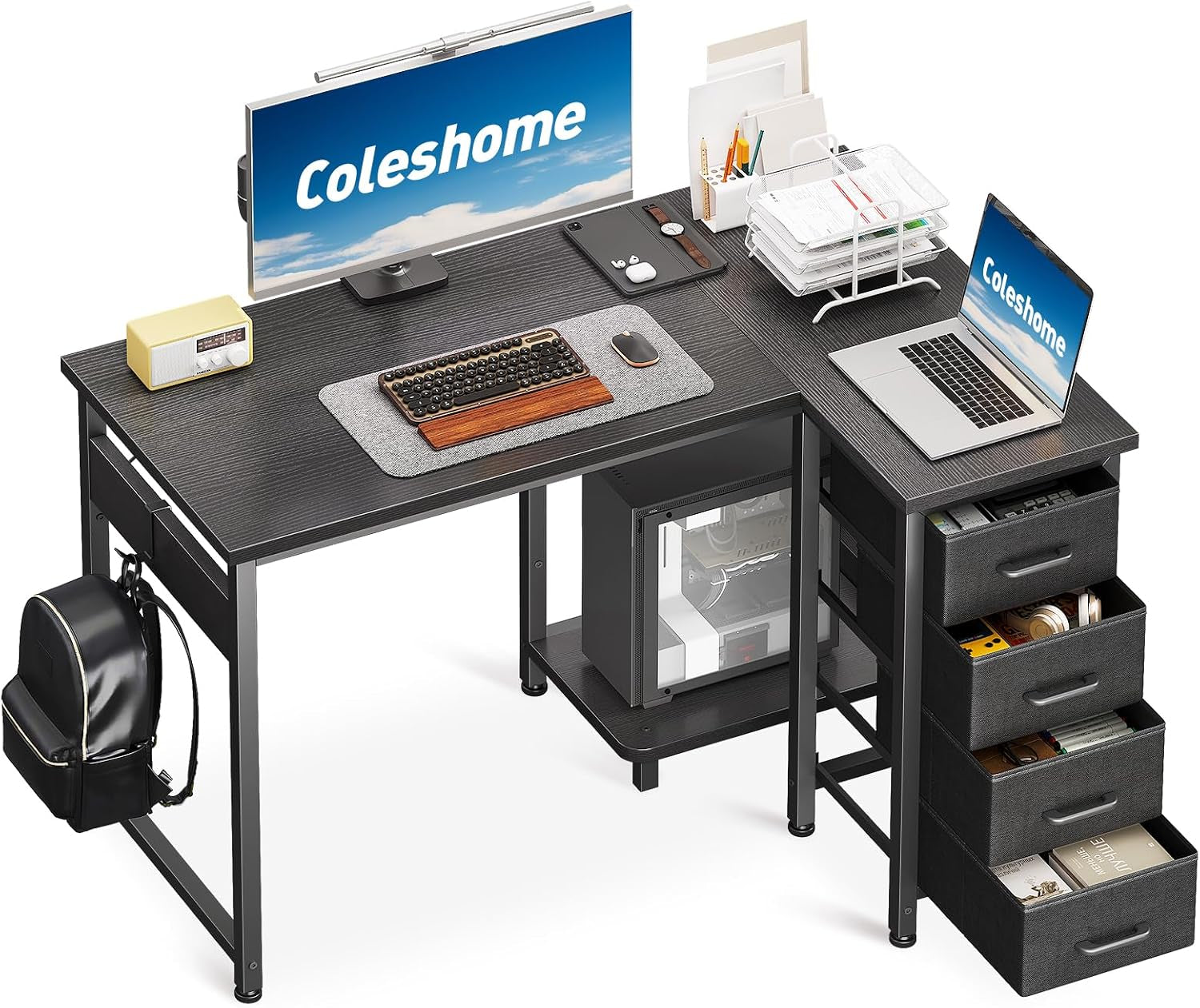 Small Corner Desk with Drawers for Home Office, 100X70 Cm, Black