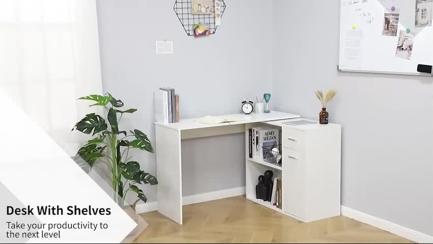 L-Shaped Computer Desk Dining Table W/ Storage Shelf Drawer for Home Office