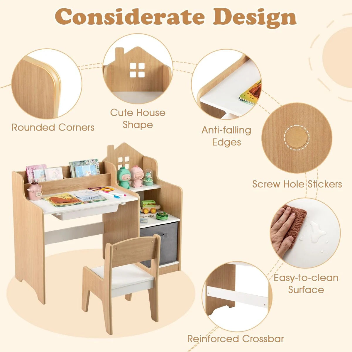 Kids Study Desk and Chair Set Children Study Table with Open Shelves