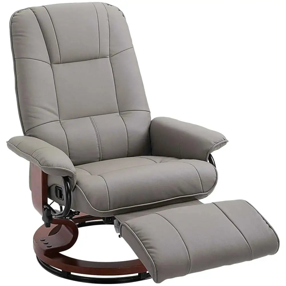 Gray leather recliner chair with a wooden base and footrest.