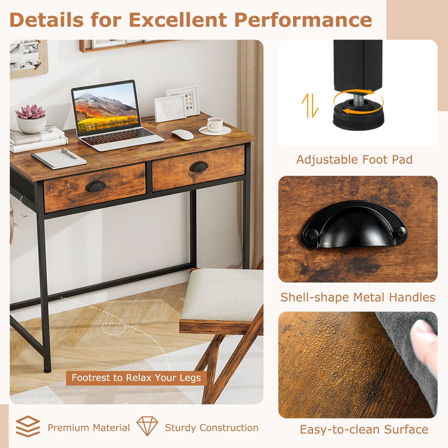 Space Saving Computer Desk with 2 Fabric Drawers