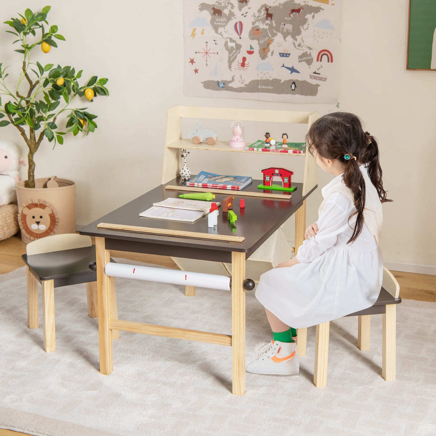Kids Table & Chair Set Children Wooden Toddler Drawing Art Desk-Coffee