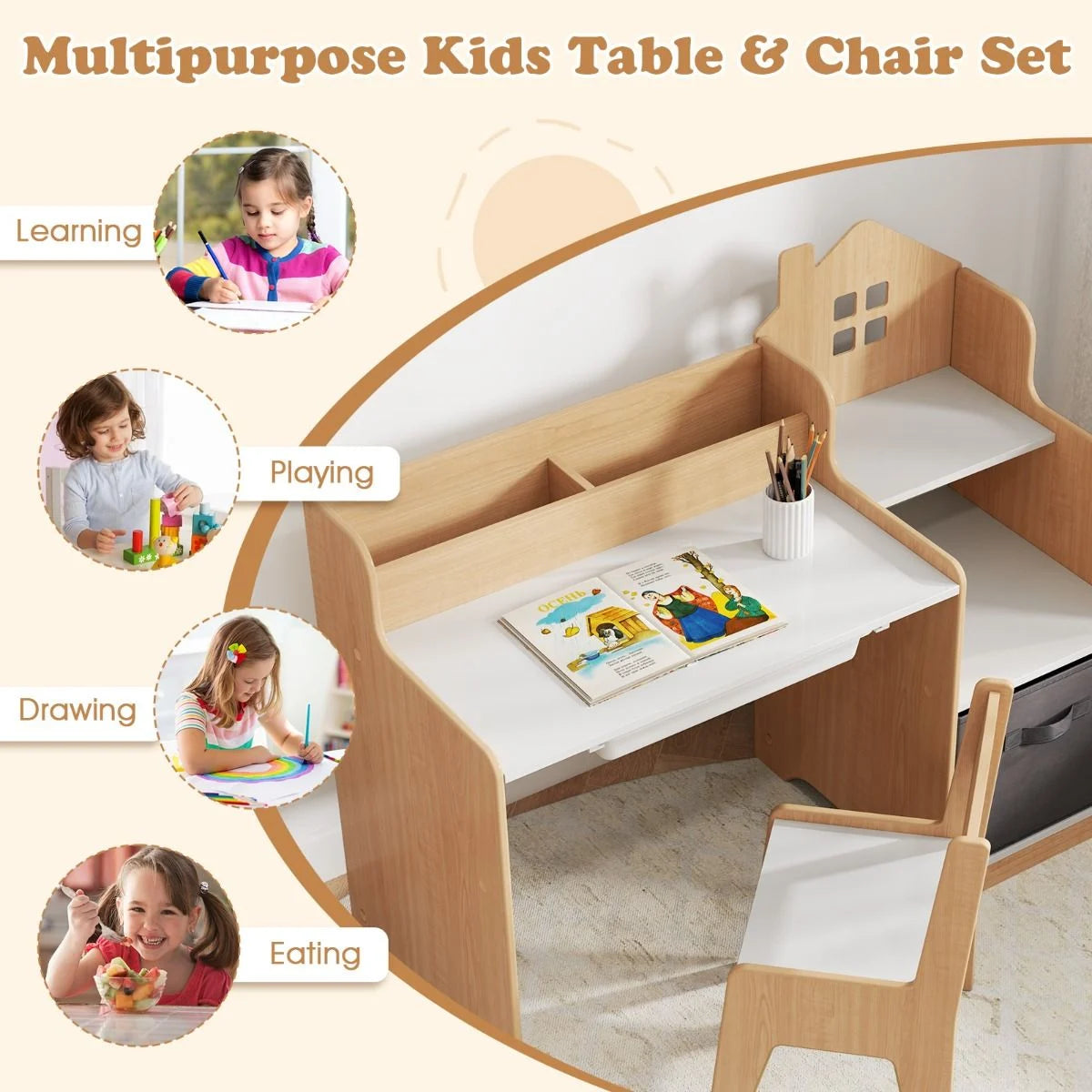 Kids Study Desk and Chair Set Children Study Table with Open Shelves