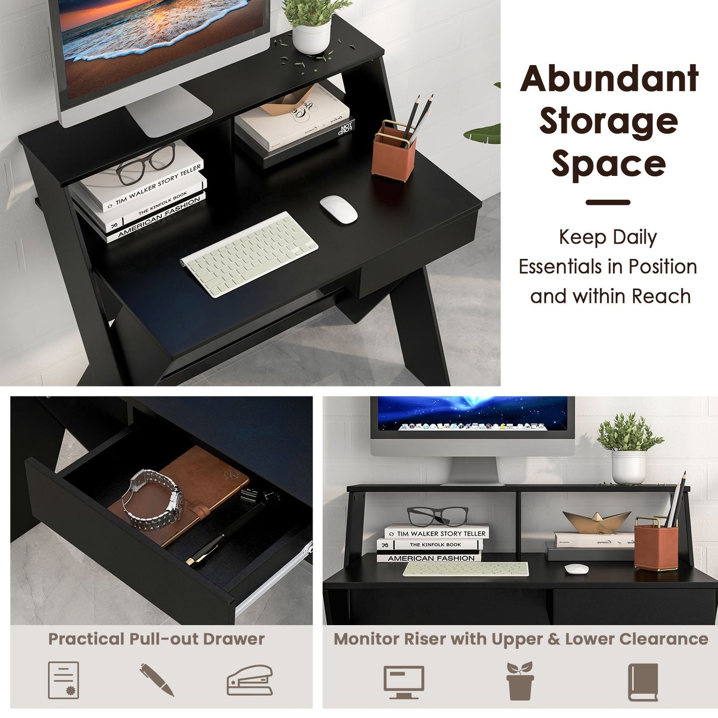 Computer Desk with Storage Drawer and Monitor Stand Riser