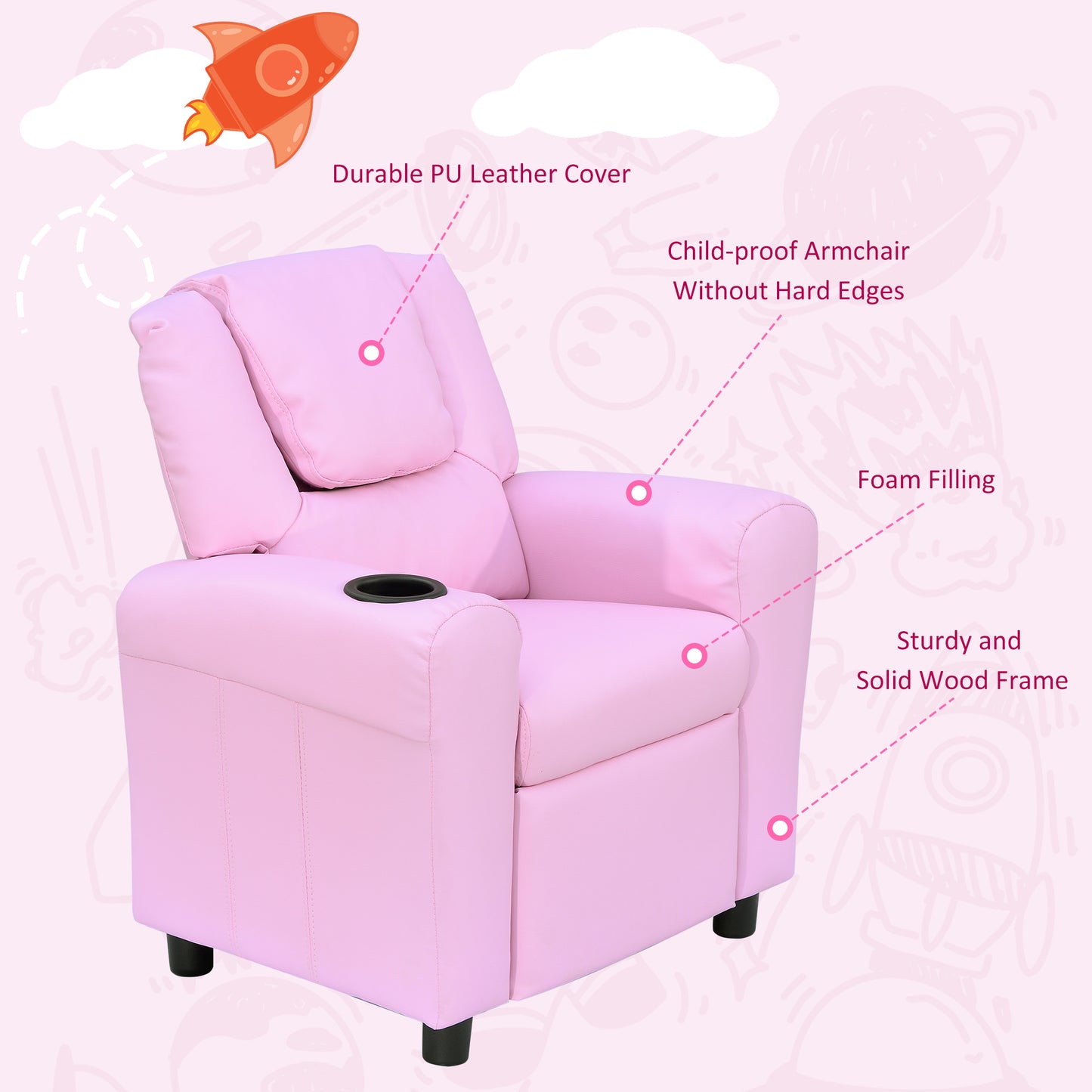 Kids Recliner Armchair Games Chair Sofa Childrens Seat in PU Leather Pink Blue