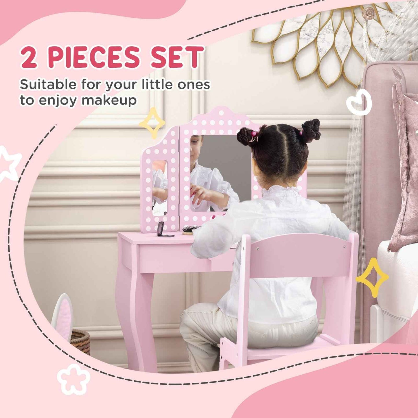 Ergo Heights Children Vanity Set With Chair Pink Polka Dot