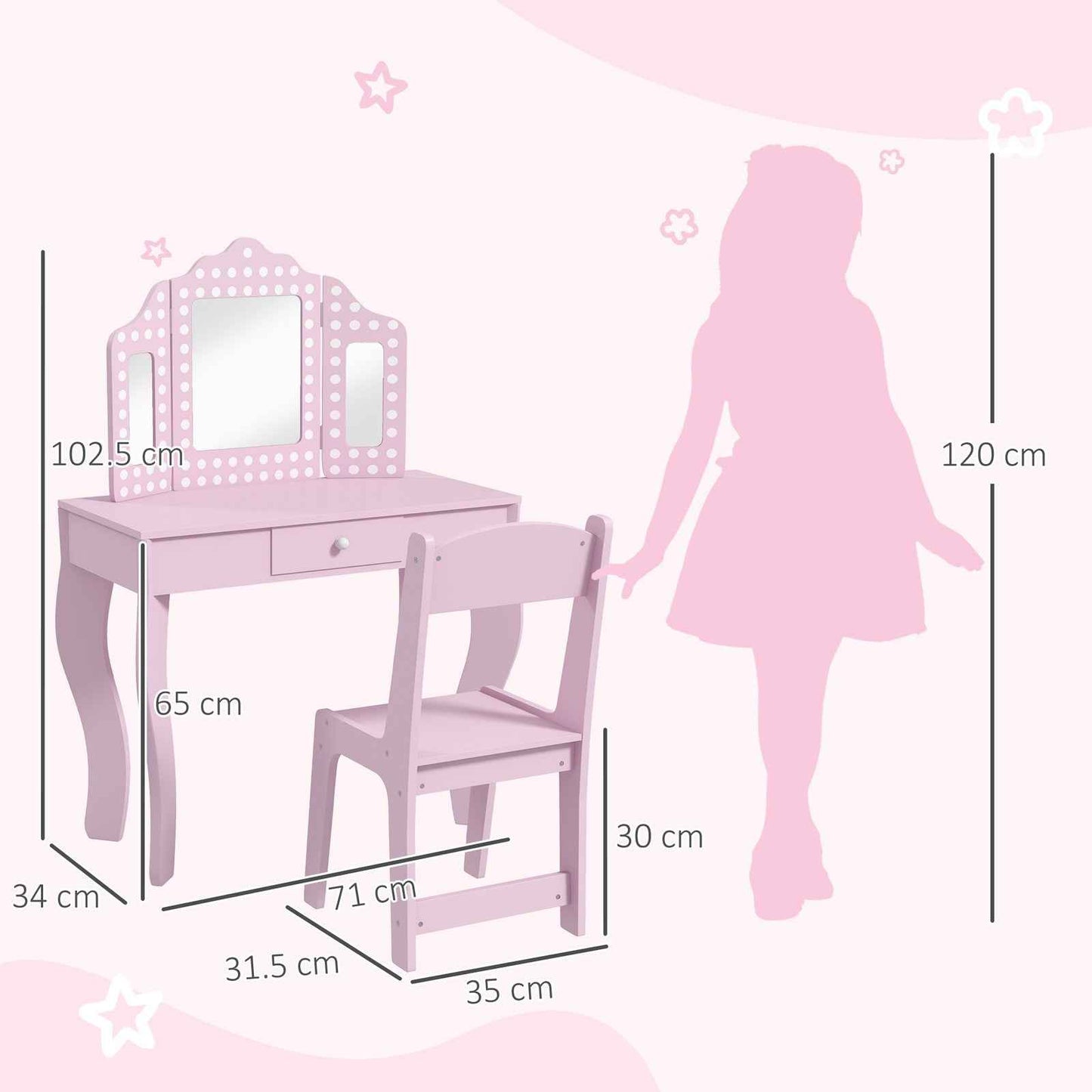 Ergo Heights Children Vanity Set With Chair Pink Polka Dot