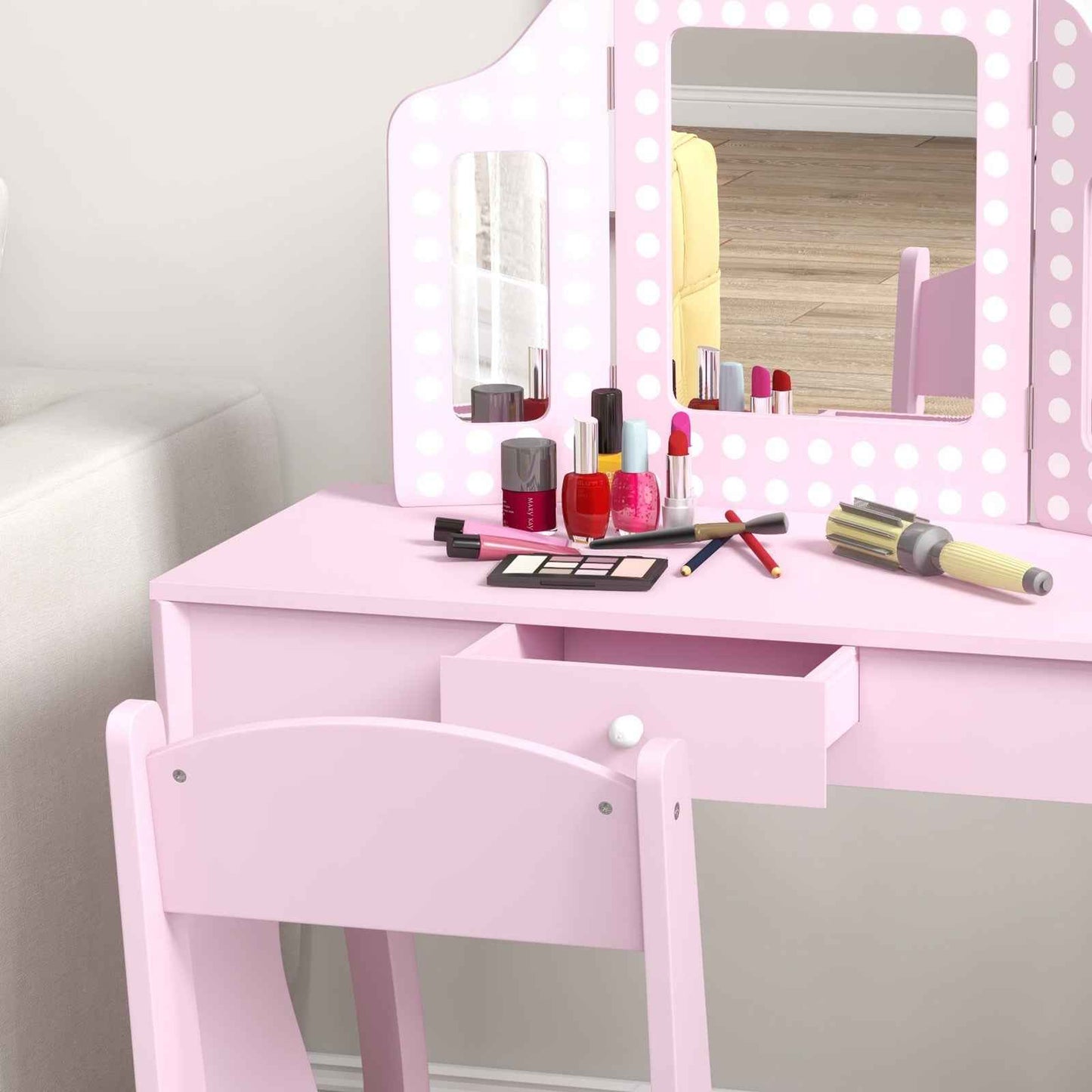 Ergo Heights Children Vanity Set With Chair Pink Polka Dot
