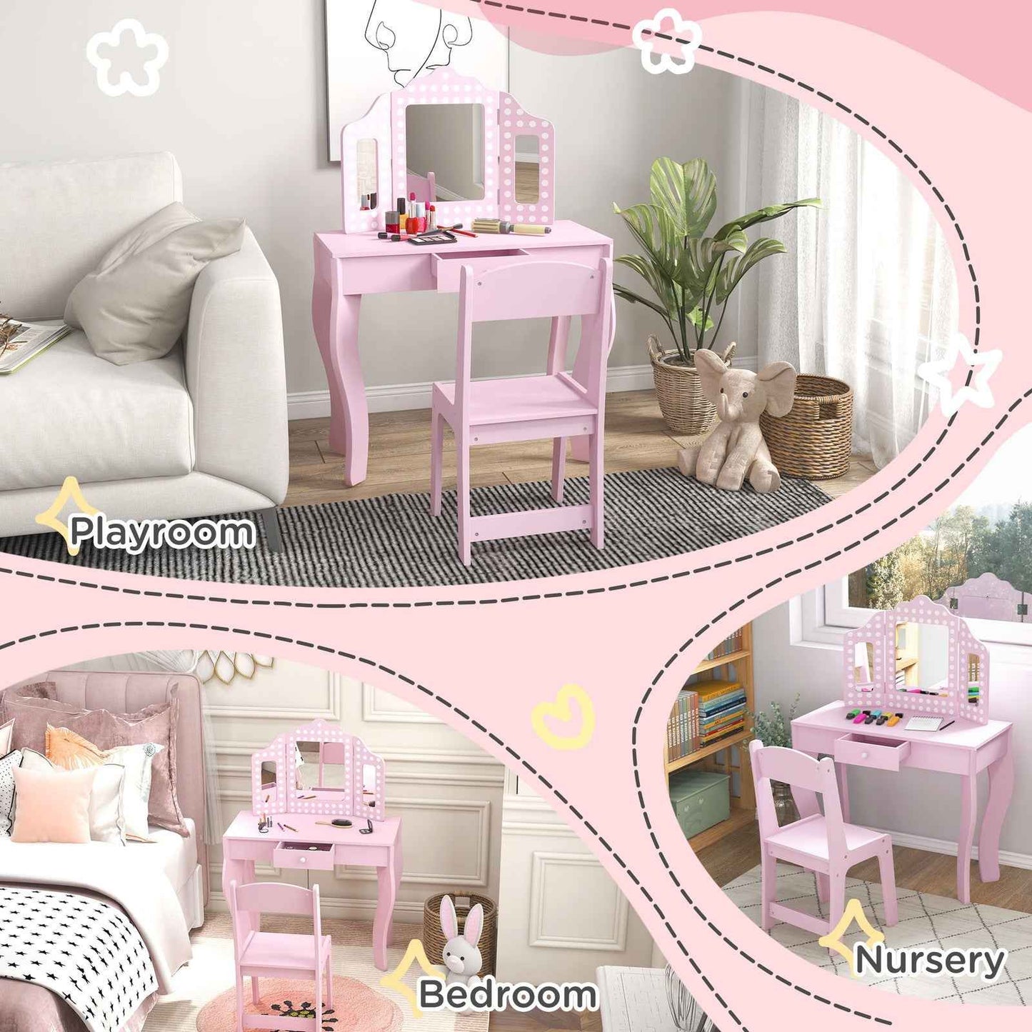 Ergo Heights Children Vanity Set With Chair Pink Polka Dot