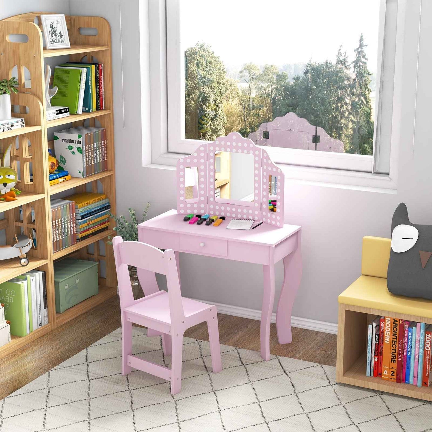 Ergo Heights Children Vanity Set With Chair Pink Polka Dot