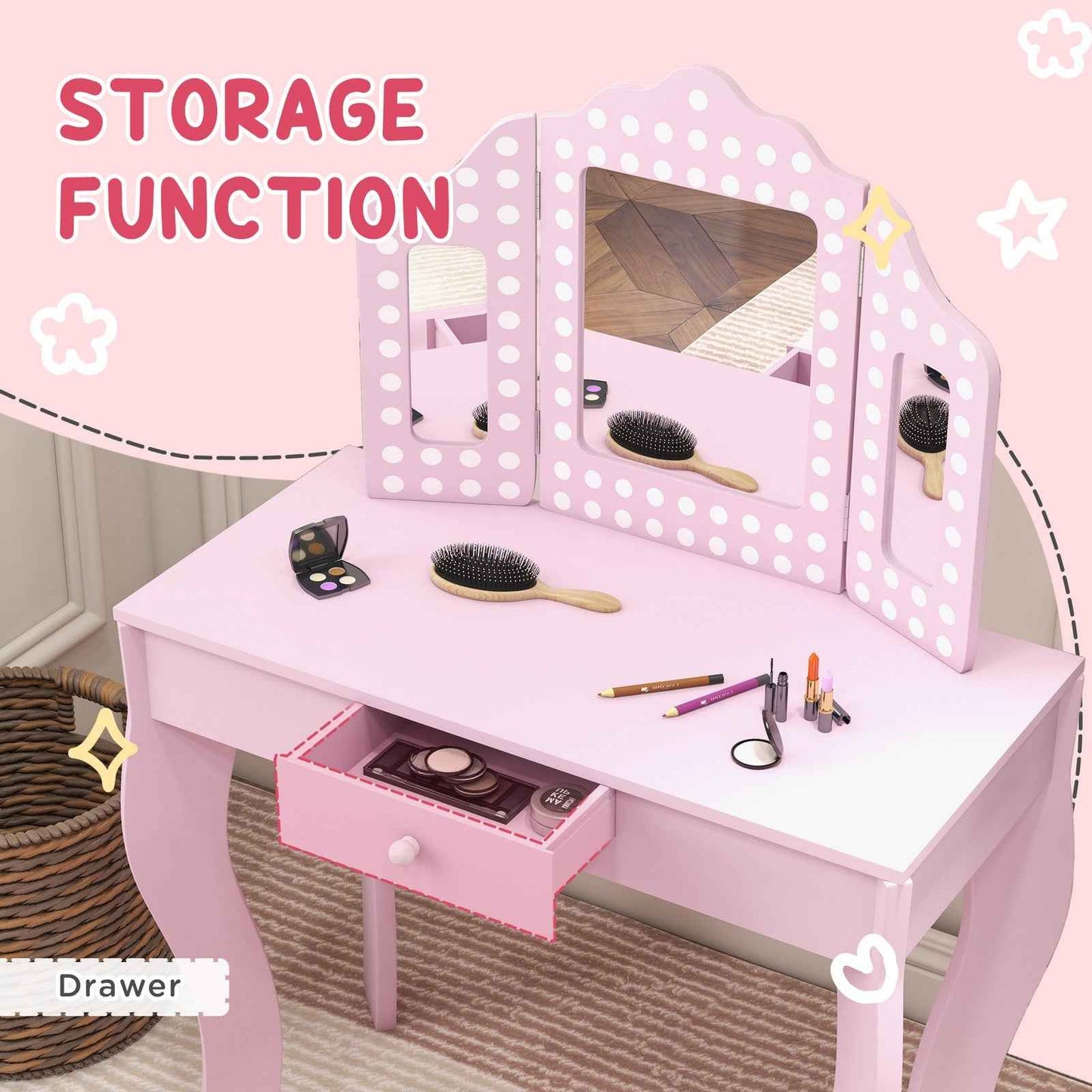 Ergo Heights Children Vanity Set With Chair Pink Polka Dot