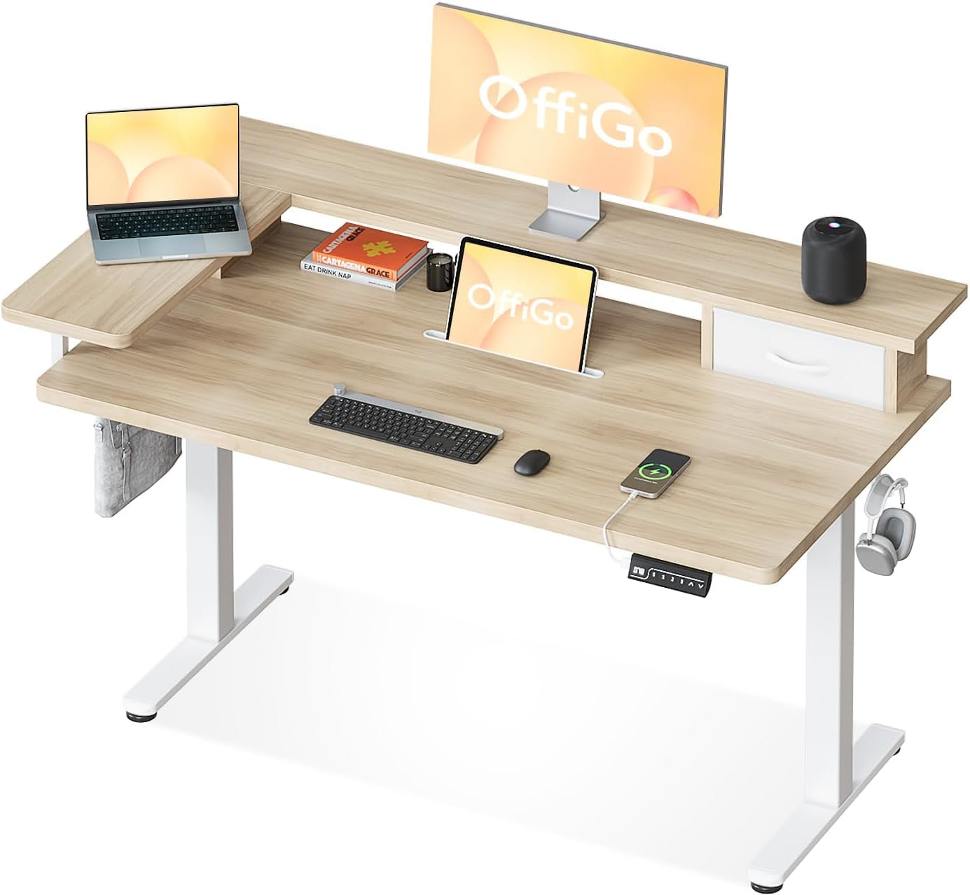 Standing Desk with Drawers & Monitor Stand, USB Port, 120Cm Beige