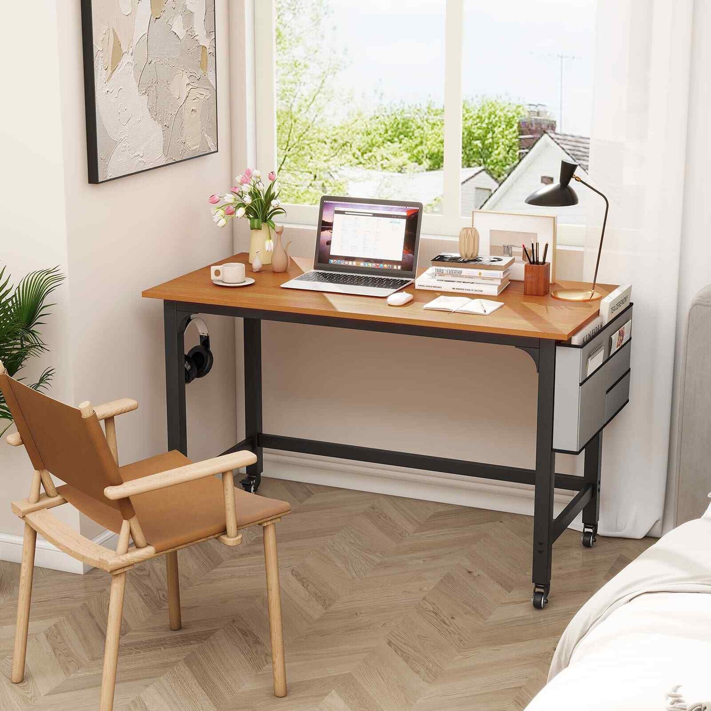 COSTWAY Mobile Computer Desk 120Cm Home Office Desk W/ Storage Bag-Teak
