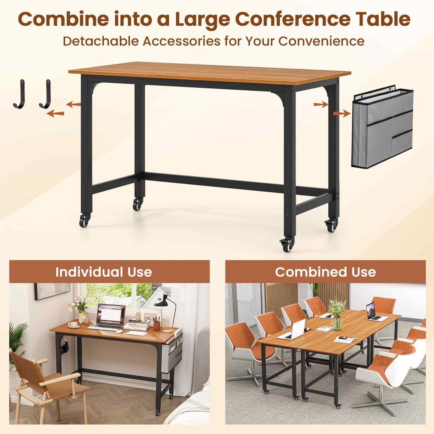 COSTWAY Mobile Computer Desk 120Cm Home Office Desk W/ Storage Bag-Teak