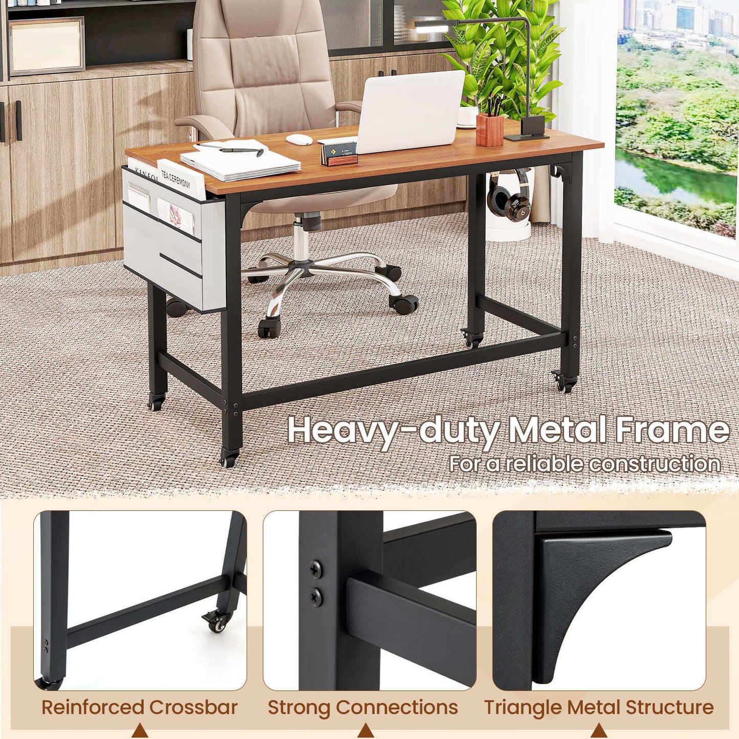 COSTWAY Mobile Computer Desk 120Cm Home Office Desk W/ Storage Bag-Teak