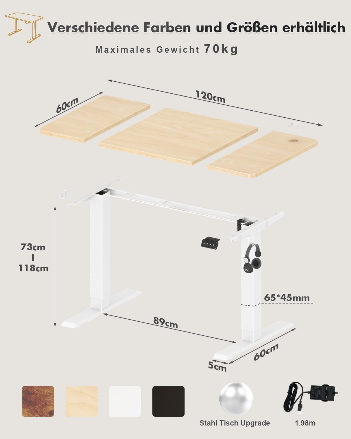 Electric Standing Desk 120X60Cm Sit Stand Table Height Adjustable Desk with Backpack Hook and Memory Smart Panel, Home Office with Splice Board, Beige | Ergonomic Desk Table with 2 Memory for Telework, Anti-Collision Function, Noise <50 Db, Load 70 Kg