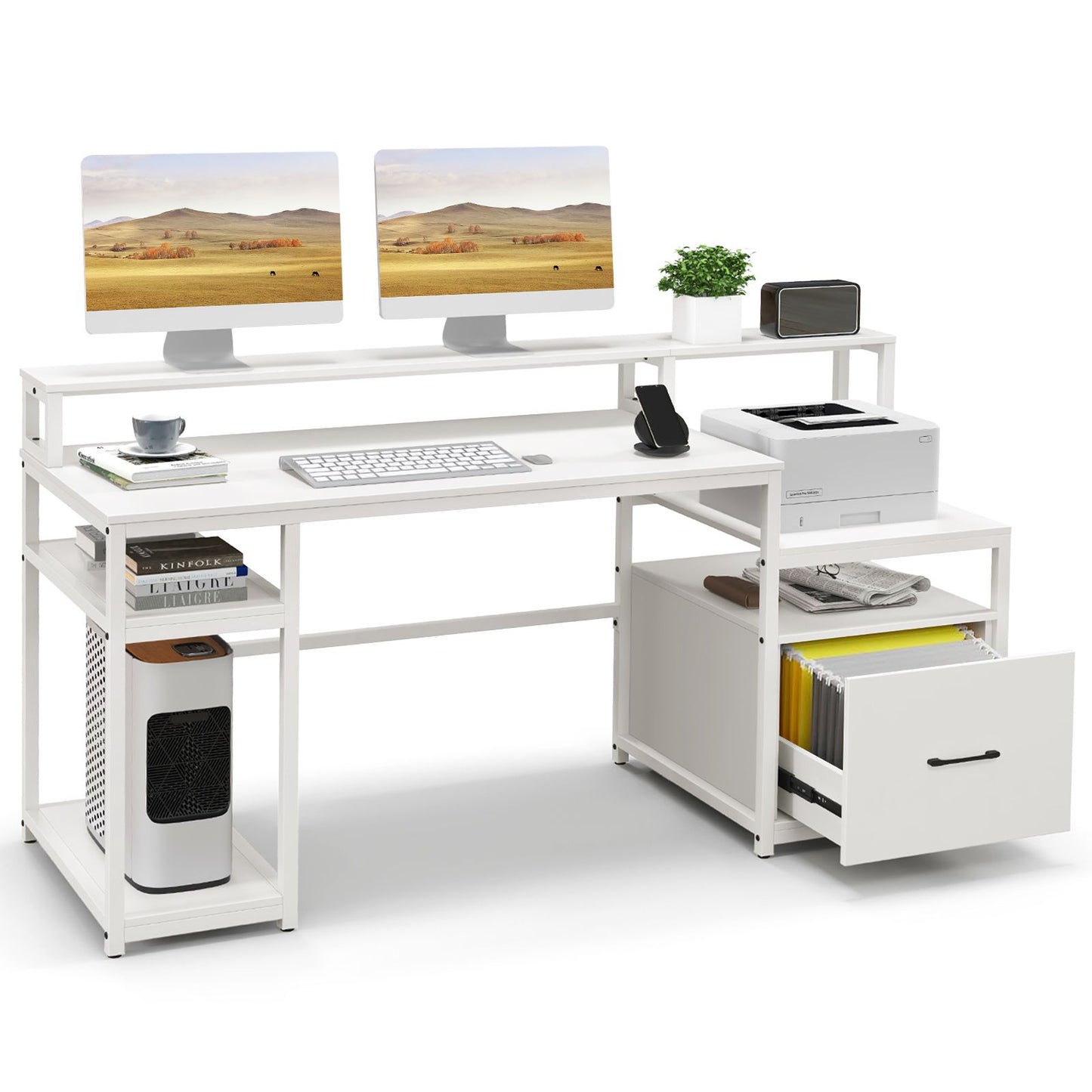 168 CM Home Office Computer Desk Modern Writing Desk with Monitor Stand