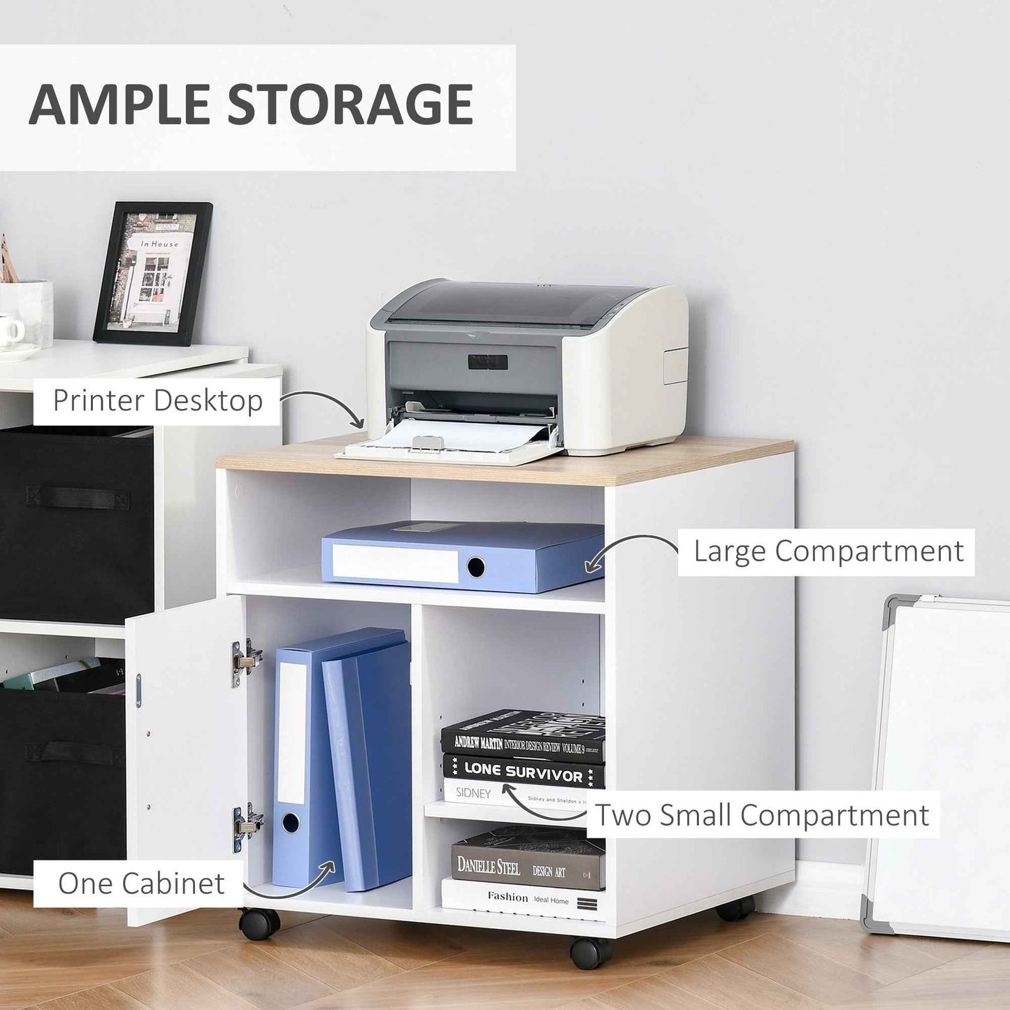 Multi-Storage Printer Unit Office Organisation 5 Compartments Wheels - Ergo Heights