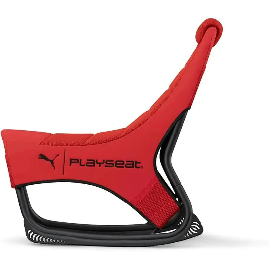Red and black puma playseat gaming chair with padded fabric upholstery.