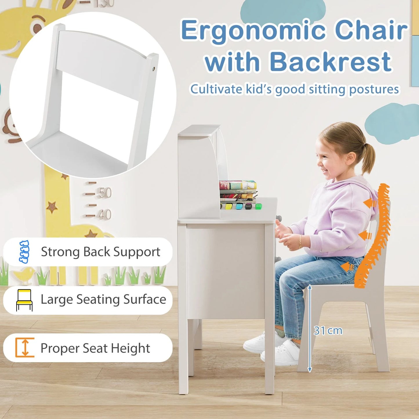 Ergo Heights Kids Desk and Chair Set – White Ergonomic Furniture.