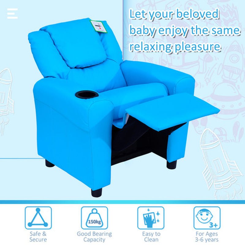 Ergo Heights Kids Recliner Chair With Cup Holder Blue.
