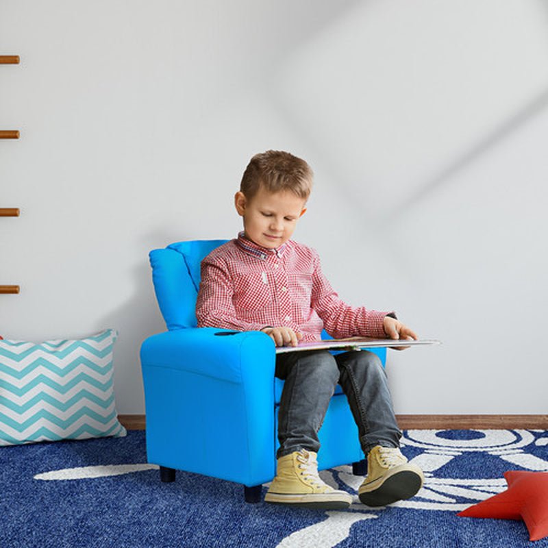Ergo Heights Kids Recliner Chair With Cup Holder Blue.