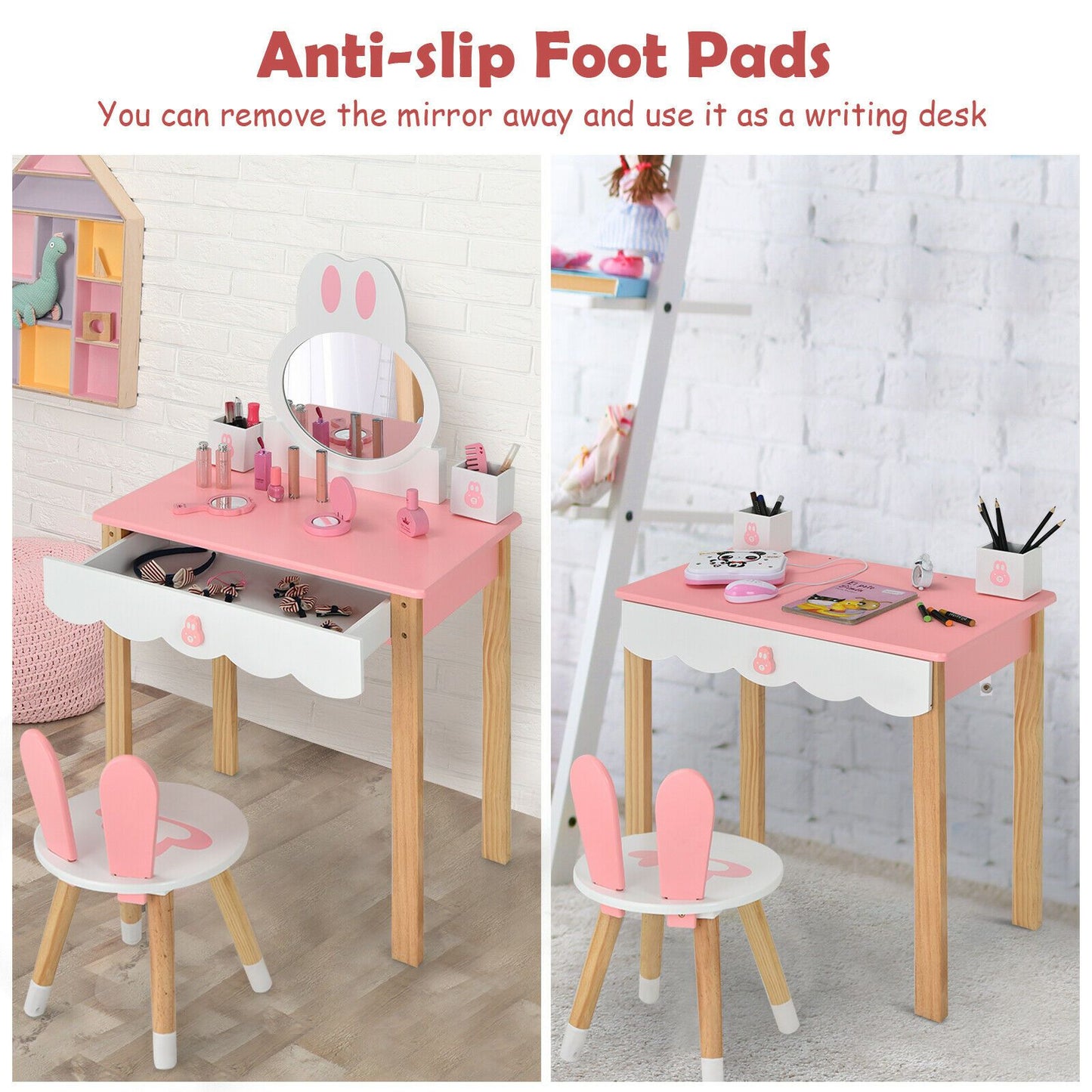 Kids Vanity Table and Chair Pretend Play with Mirror and Drawers.