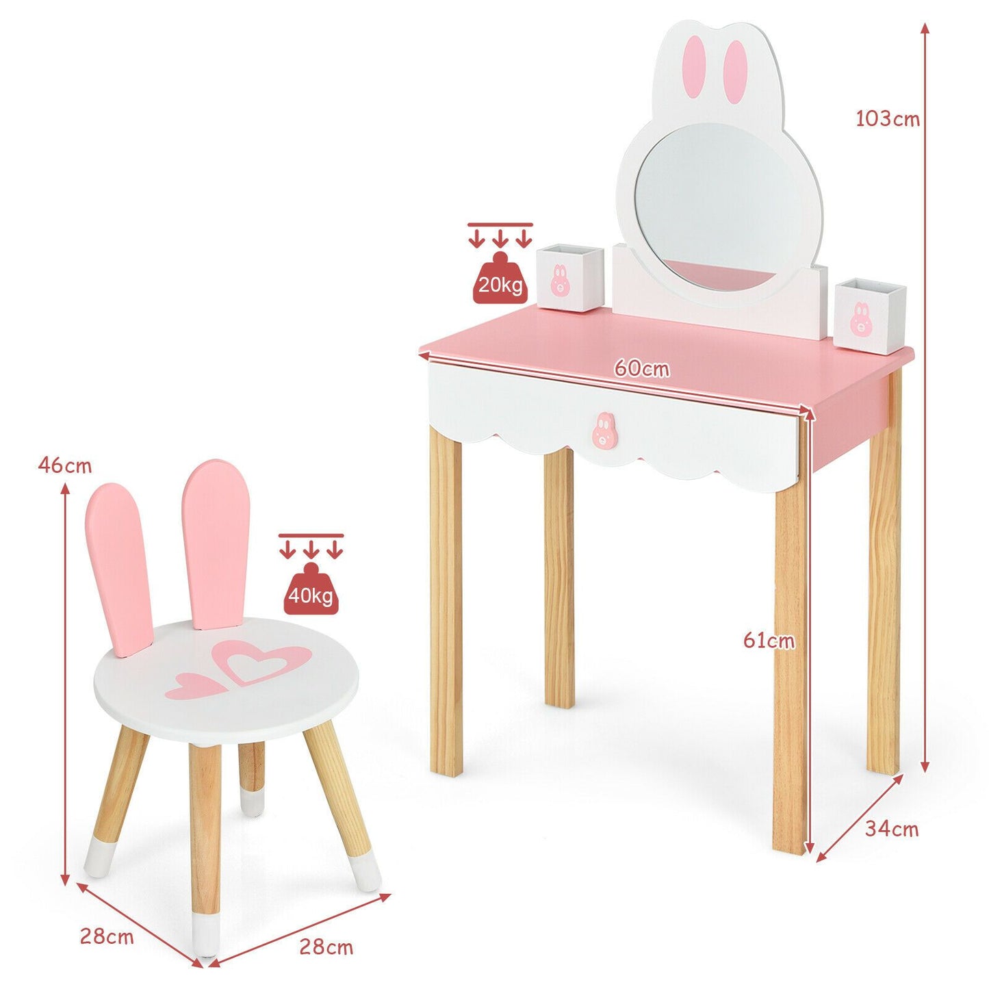 Kids Vanity Table and Chair Pretend Play with Mirror and Drawers.