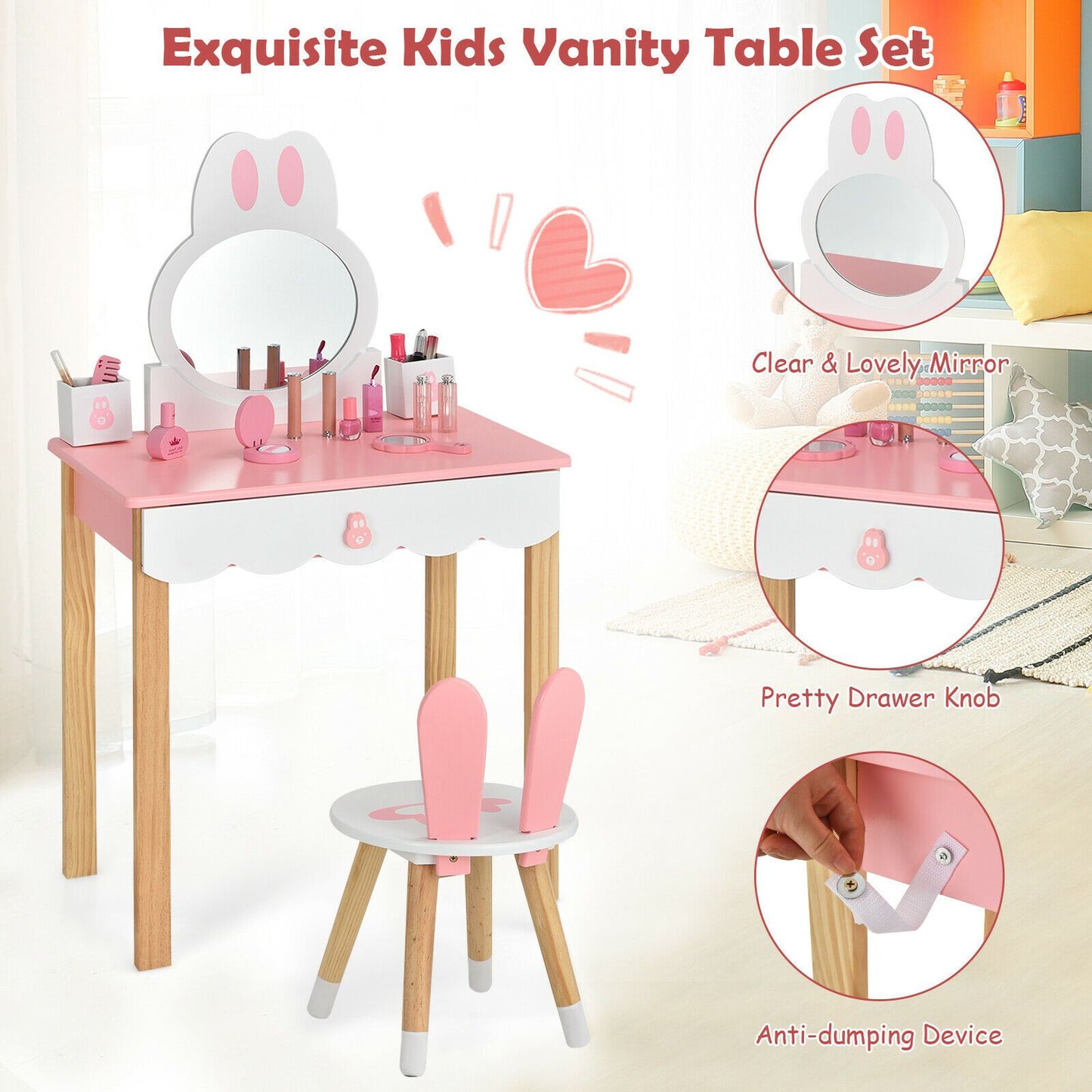 Kids Vanity Table and Chair Pretend Play with Mirror and Drawers.