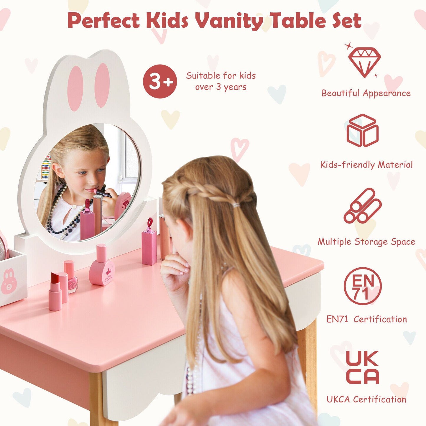 Kids Vanity Table and Chair Pretend Play with Mirror and Drawers.