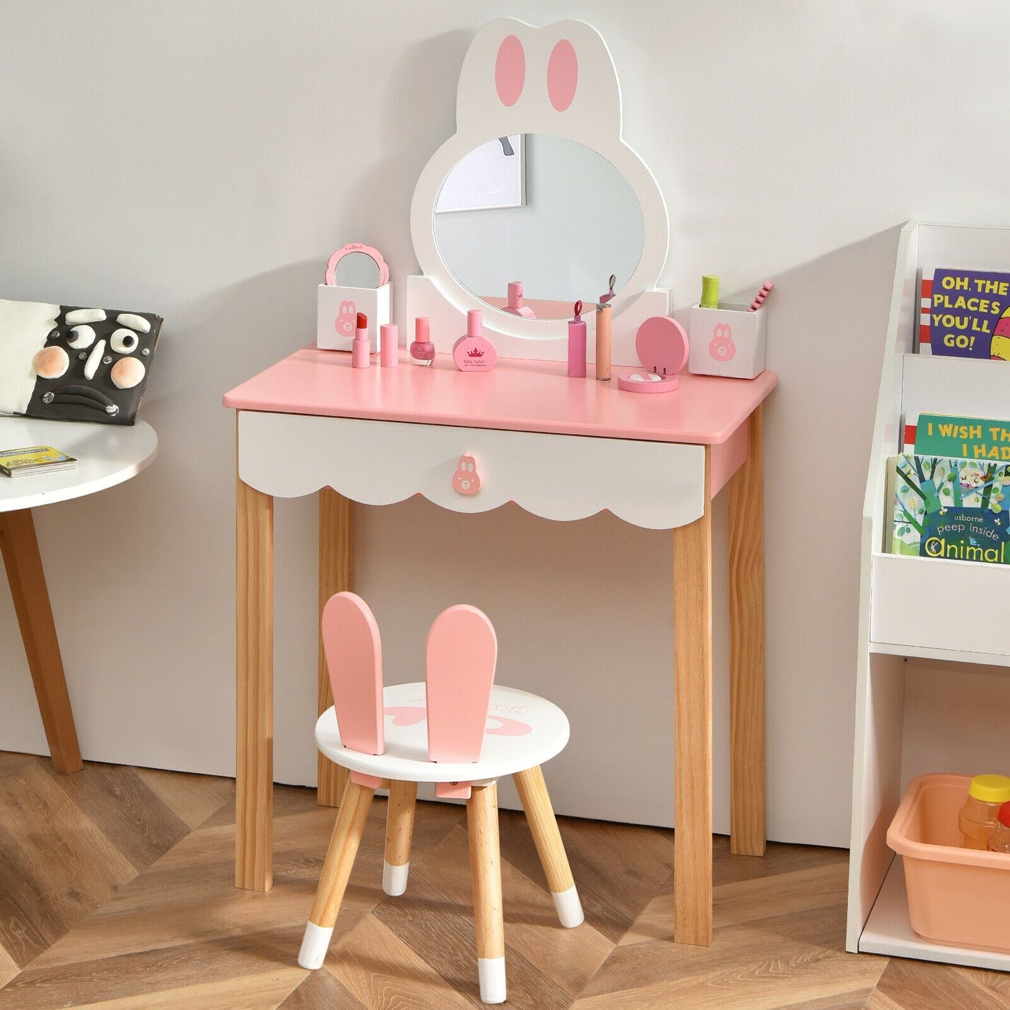Kids Vanity Table and Chair Pretend Play with Mirror and Drawers.