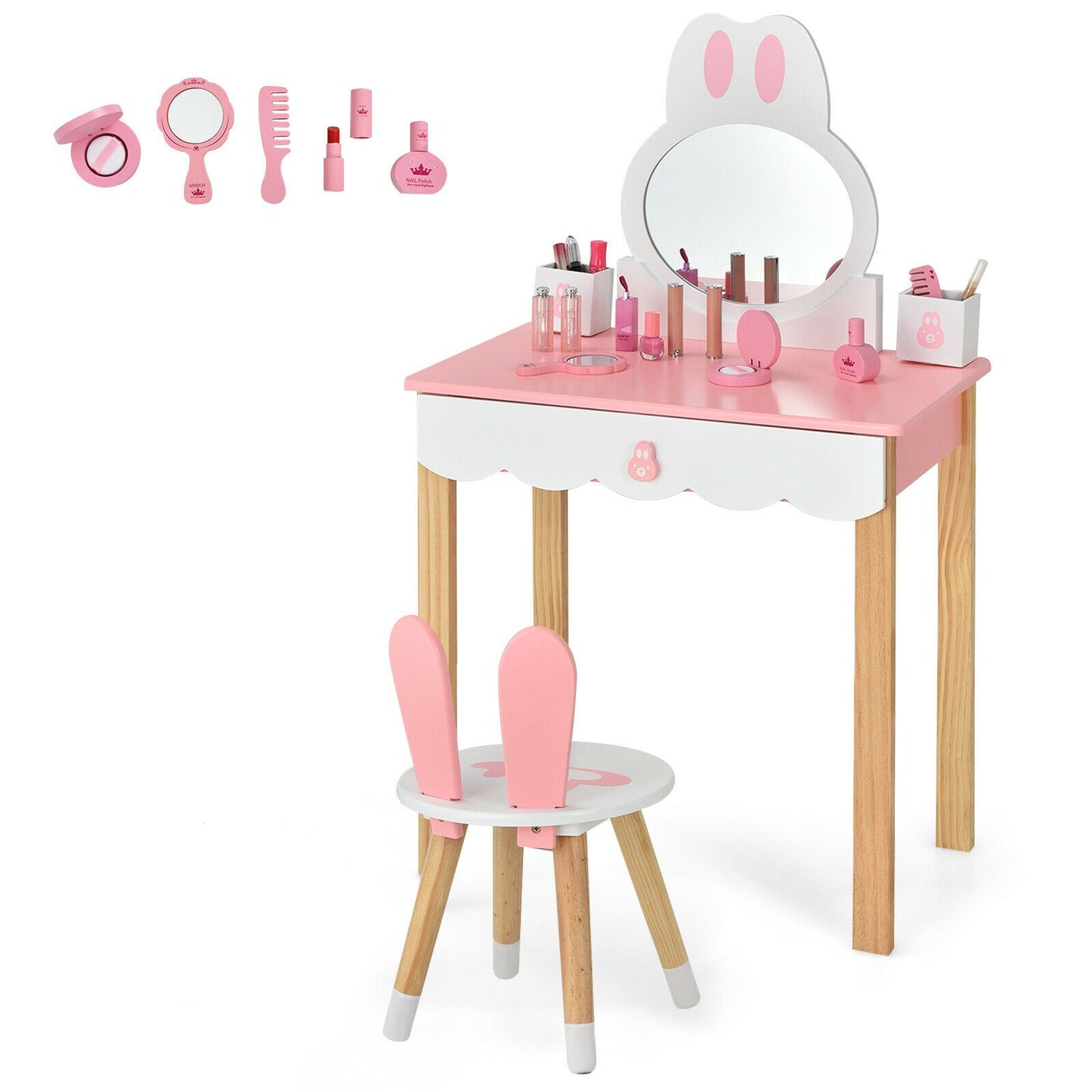 Kids Vanity Table and Chair Pretend Play with Mirror and Drawers.