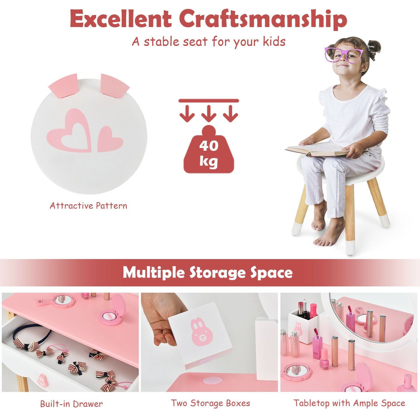 Kids Vanity Table and Chair Pretend Play with Mirror and Drawers.