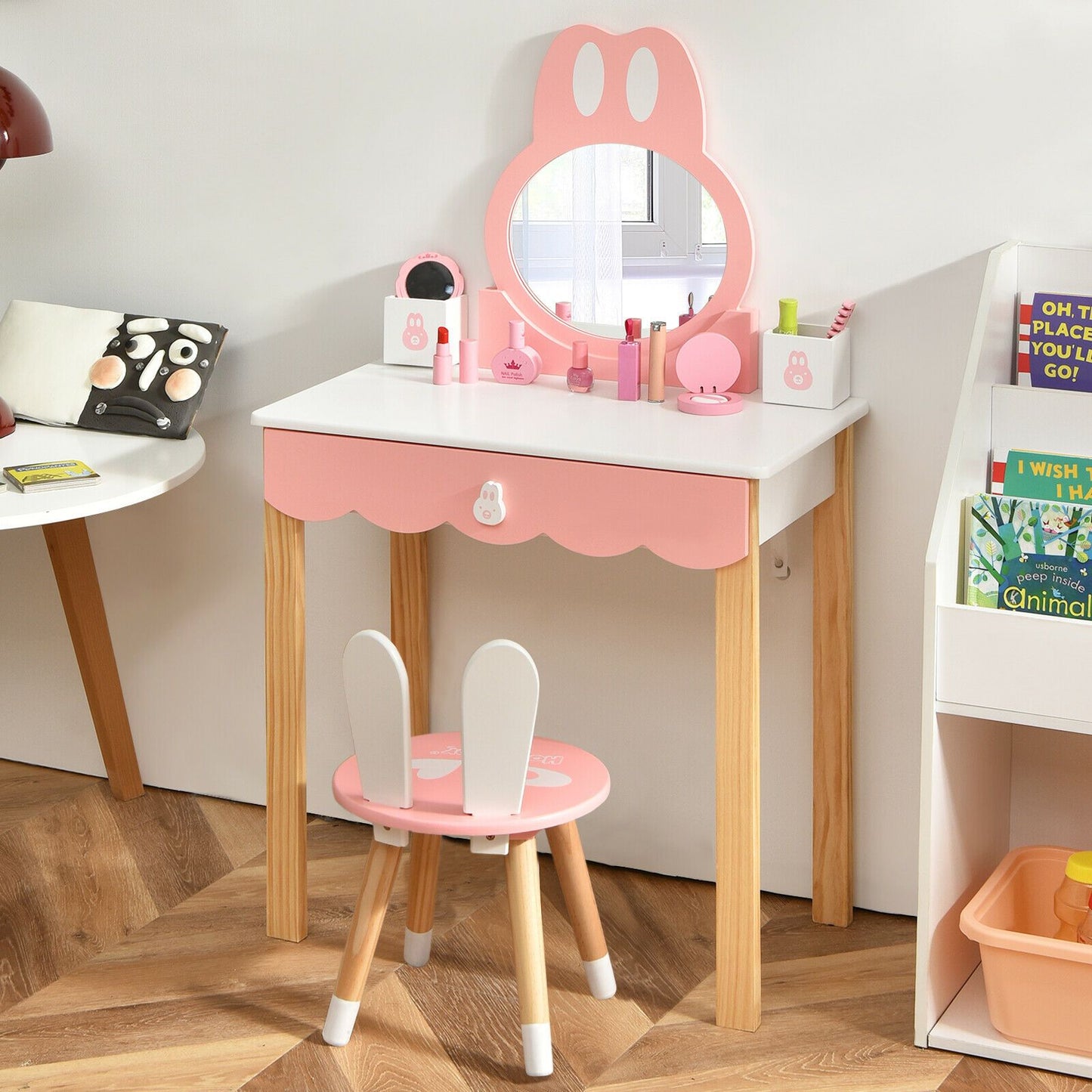 Kids Vanity Table and Chair Pretend Play with Mirror and Drawers.