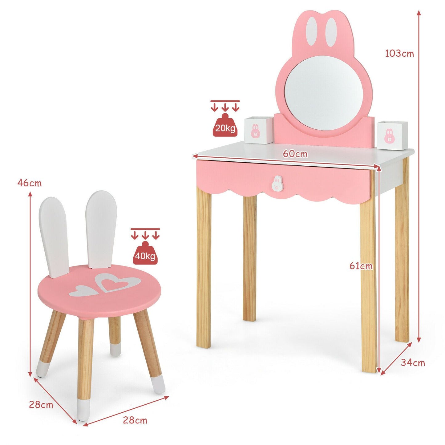 Kids Vanity Table and Chair Pretend Play with Mirror and Drawers.
