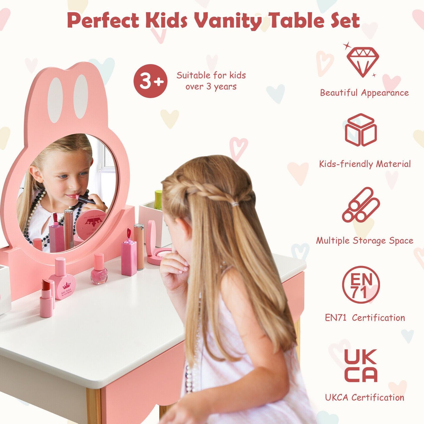 Kids Vanity Table and Chair Pretend Play with Mirror and Drawers.